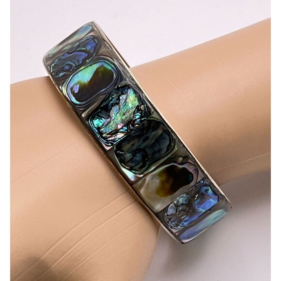 Vintage Mexico Abalone Shell Bangle Bracelet Silver Tone Iridescent Inlay - Picture 2 of 8